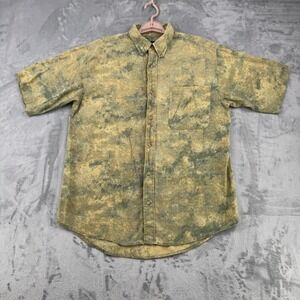 Dick Idol Shirt Men Medium Green Camo Silk Cotton Blend Short Sleeve Button Down